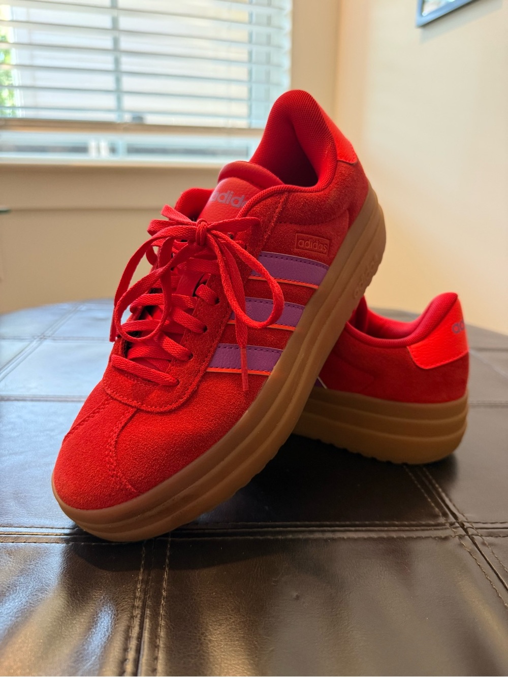 Adidas Red Suede Platform Sneakers with Purple Stripes